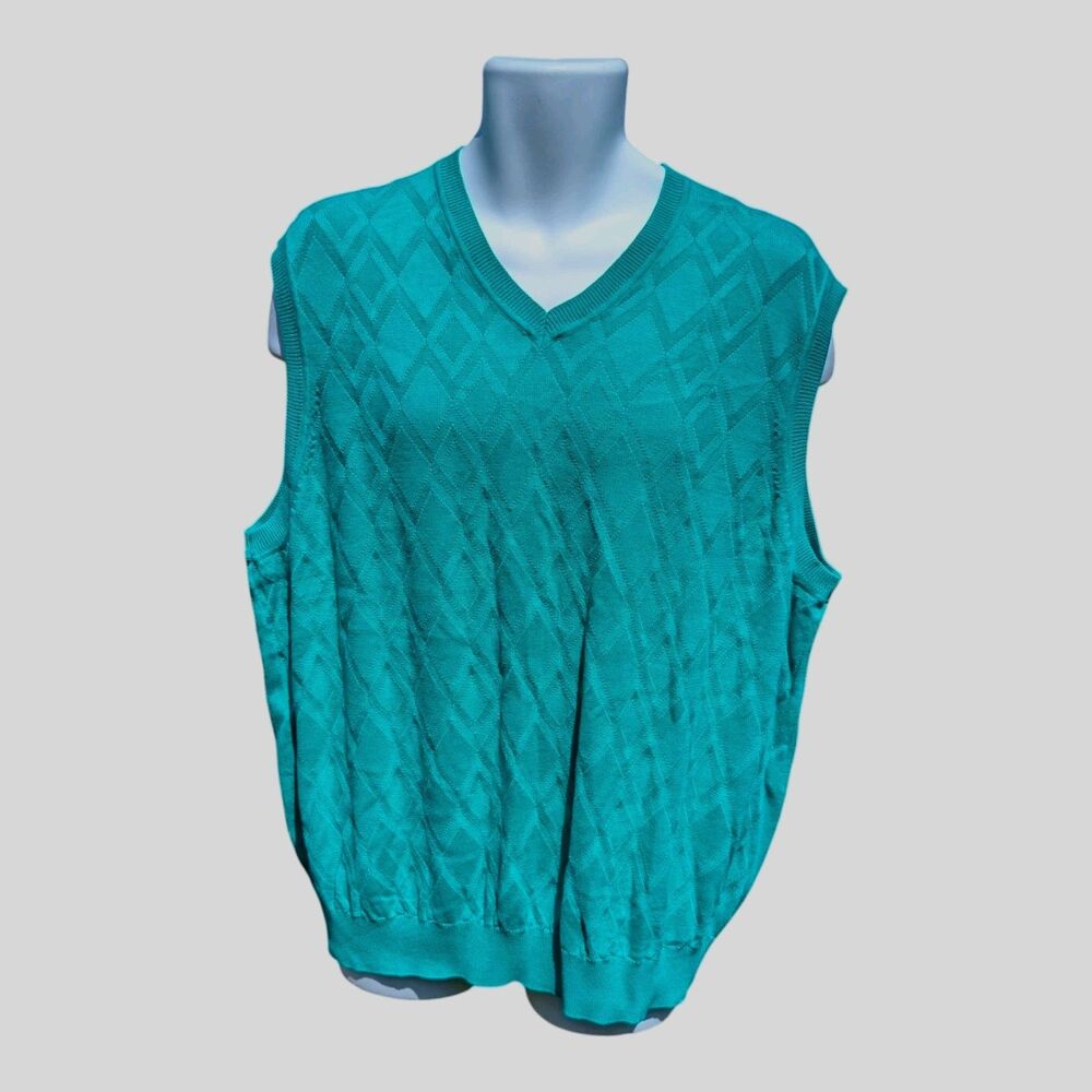 Alan Flusser Mens Sweater Vest V-Neck Diamond Texture XXL Green New Golf Grandpa